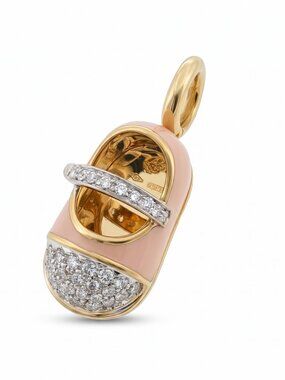 AARON BASHA 18K Yellow Gold Enamel Pave Diamond Baby Shoe Pendant Charm